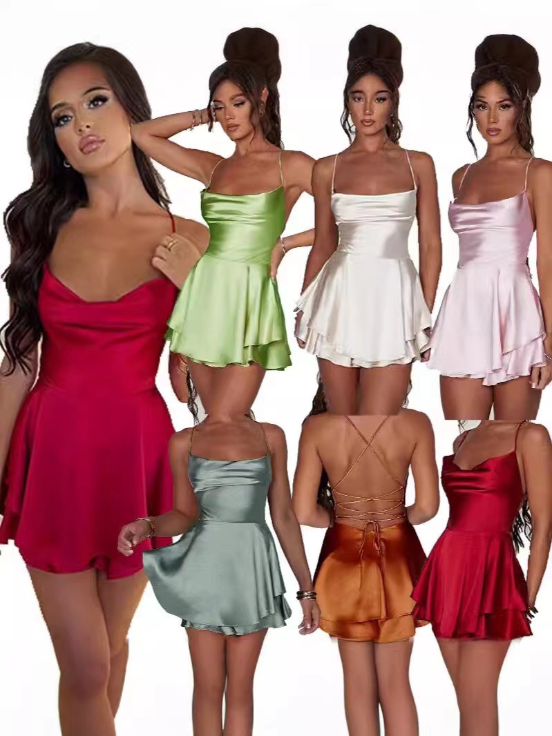 2026 European And American Cross-Border Women's Export Short Summer New Backless Sexy Fashion Satin Strap Dress_ecoleips.com
