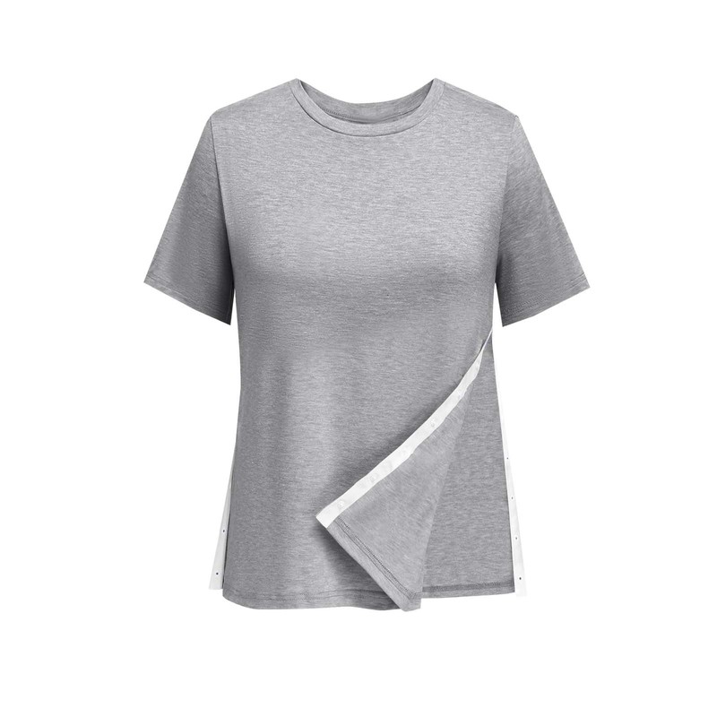 欧米のアマゾンの女性の半袖のtシャツの側の縫い目の調節のボタンの丸首のカジュアルでゆったりしている上着|undefined