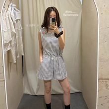 现货2025夏季新款韩国东大门fl*tta显瘦圆领条纹无袖收腰连体短裤