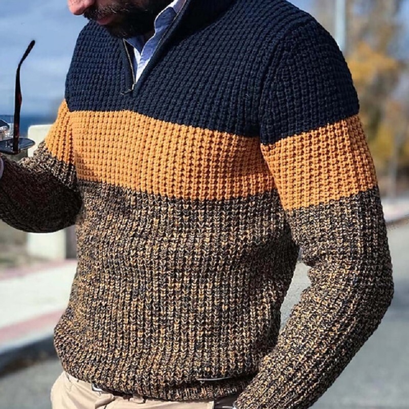 Cross-border Amazon men's sweater sweater European and American fashion pullover color matching half zipper casual European size men's clothing