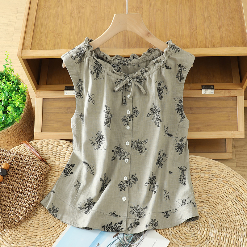 Real Shot of In-Stock 2026 Summer Raindrop Hemp Artistic Plant Print Petal Collar Age-Reducing Shirt Sleeveless Tie-Up Top