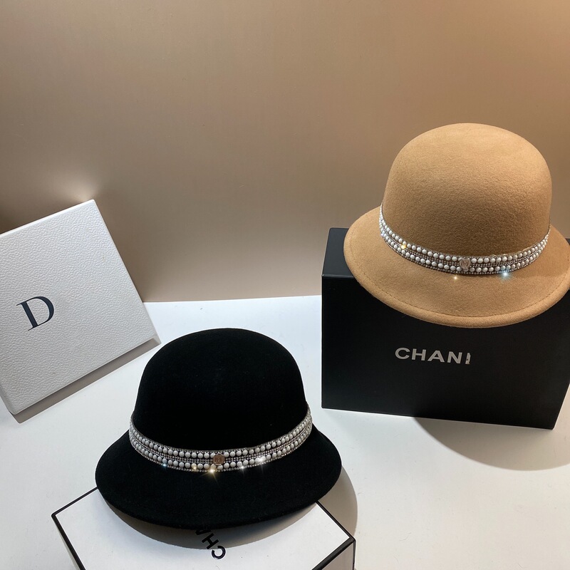 Autumn and Winter French Style Retro Celebrity Style Ceramic Rhinestone Wool Basin Hat Japanese Style Simple Elegant Light Luxury Women's Top Hat