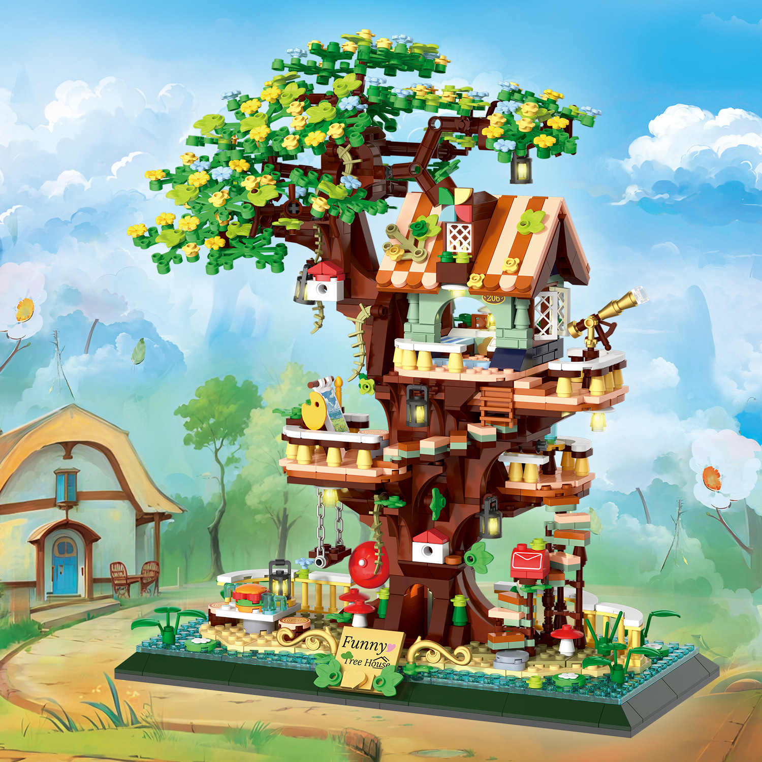 Zhegao642005 mini cuento de hadas bosque casa en el árbol modelo tridimensional de niños inteligencia de ensamblaje de bloques de construcción regalo transfronterizo