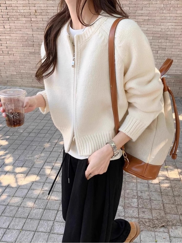 灰色短款毛衣外套女2025春装新款宽松拉链开衫长袖针织衫百搭上衣|undefined