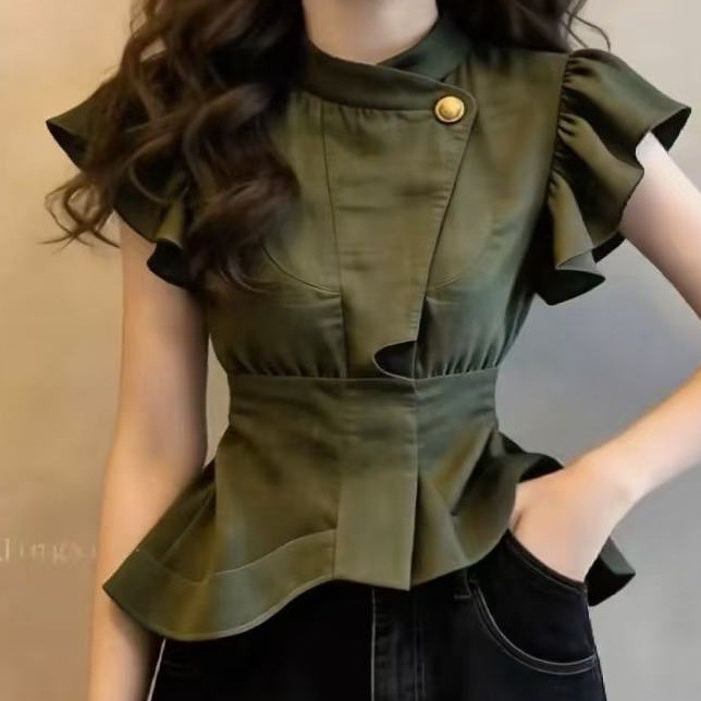 2026 Summer French-Style Buttoned Ruffle Shirt for Women, High-Waisted, Elegant, Workwear Style, Plus Size, Fashionable Inner Wear