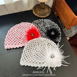 韩系优雅时髦羽毛花朵套头镂空混线毛线帽复古小众百搭钩织包头帽