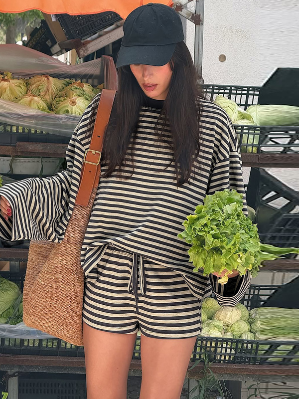 法式女装2025秋季新品时尚印花宽松长袖上衣修身系带热裤套装批发|undefined