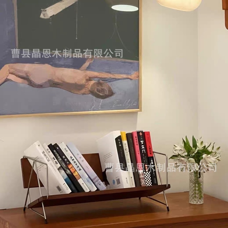现货供应北欧实木小书架桌面书籍收纳架铁木结合杂志报刊收纳架|undefined