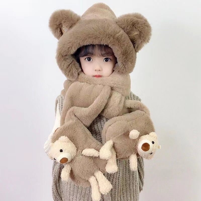 新款可爱毛绒保暖秋冬护耳帽子一体小熊冬季帽子围巾手套三件套女|undefined