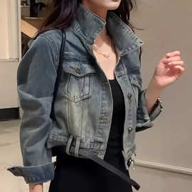 复古牛仔外套女秋季时尚个性别致短款百搭夹克
