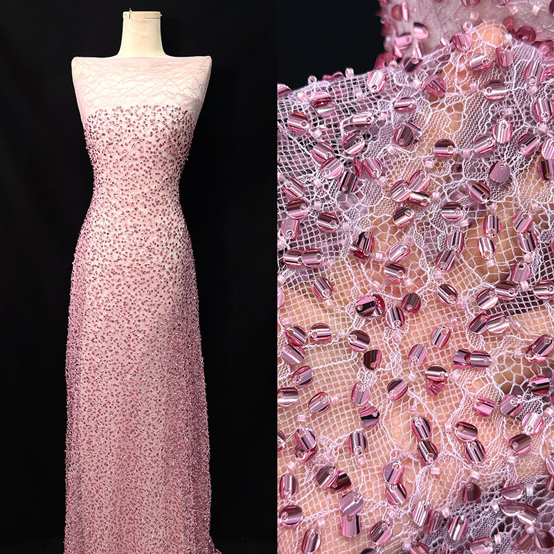 Vestido de novia francés de alta calidad, tubo de cuentas, tela bordada, industria pesada, tela de bordado de encaje de medio rollo, tela de vestido de noche