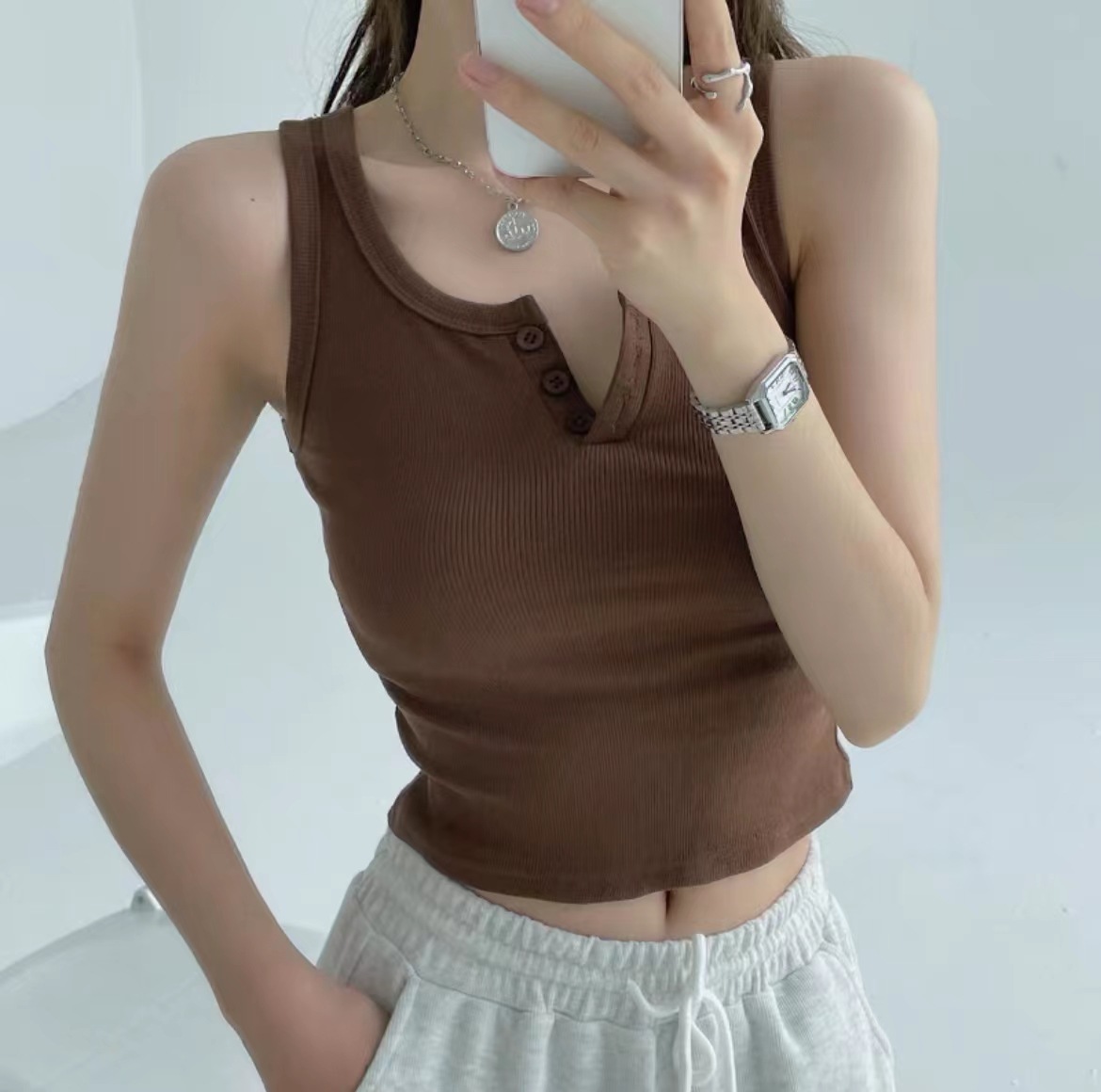 Women's Slim Fit Tank Top With Button Detail Sleeveless Summer Vest_voghion.com