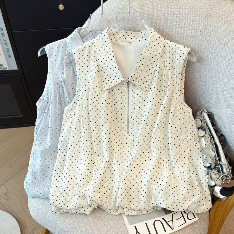 French-Style Polka Dot Sleeveless Shirt 2026 Summer Half-Zip Polo Collar Slim-Fit Women's Top French-Style Polka Dot Sleeveless Shirt 2026 Summer Half-Zip Polo Collar Slim-Fit Women's Top