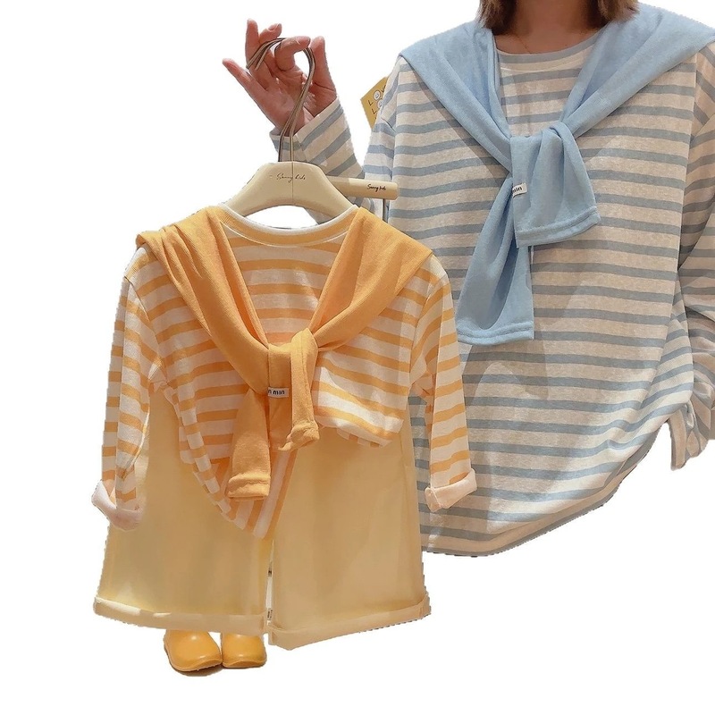 【ショール無料】夏用子供用薄手Tシャツ女の子用、爽やかな長袖ストライプTシャツ日焼け止めショールトップ|undefined