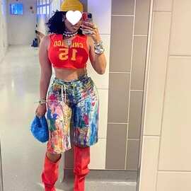 新品亚马逊欧美跨境女装时尚休闲直筒裤涂绘短裤