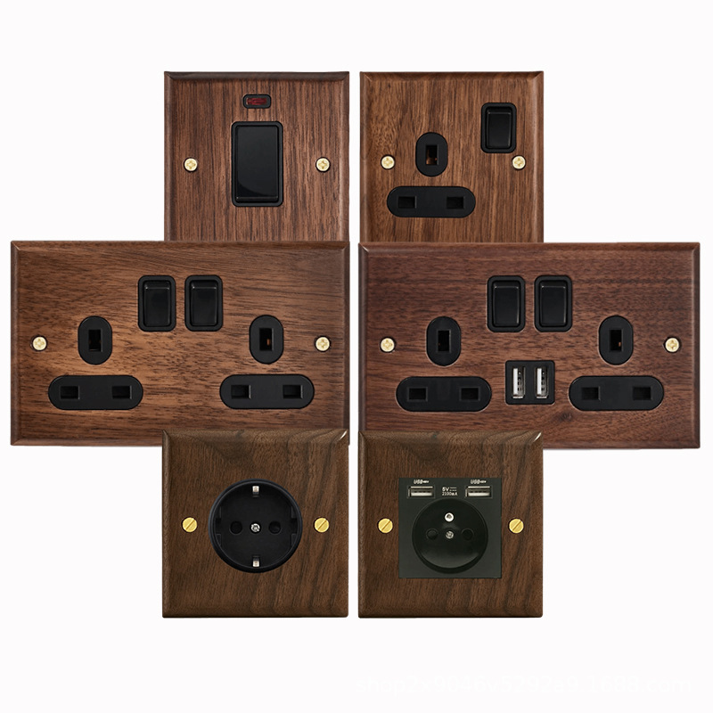 Solid Wood Walnut Surface-Mounted Wall Switch Power Socket Hong Kong Macau 13A British-Style Wall British-Style Plug