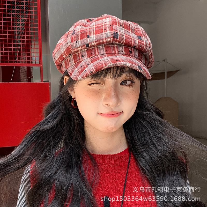 2025新款英伦复古格子八角帽子女春秋季户外休闲显脸小鸭舌画家帽|undefined