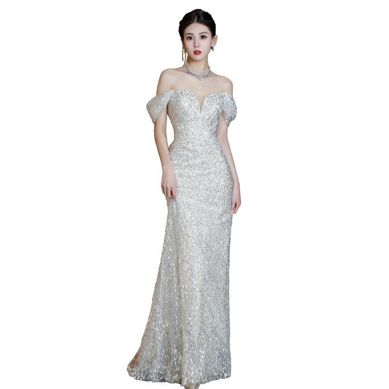 Luz de cola de pescado francés boda 2024 nueva novia pequeño hombro transfronterizo más tamaño simple vestido femenino image 5