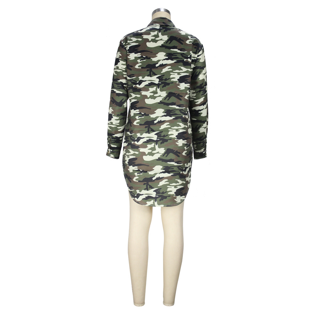 Camouflage Sexy Cardigan Irregular Asymmetric Collared Mid Length Coat Dress