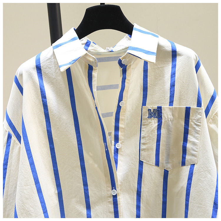 棉2024春秋新款韩版小清新百搭开衫条纹印花单口袋宽松长袖衬衫女详情7