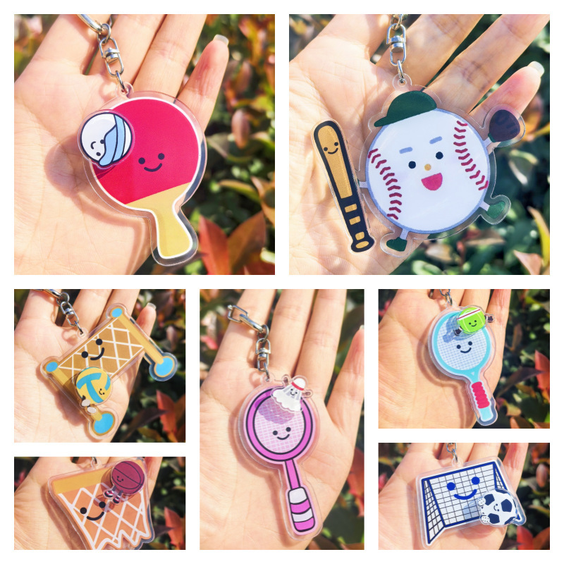 Cute Badminton, Tennis, Volleyball, Football, Basketball, Rugby, Rotatable Acrylic Keychain, School Bag Pendant
