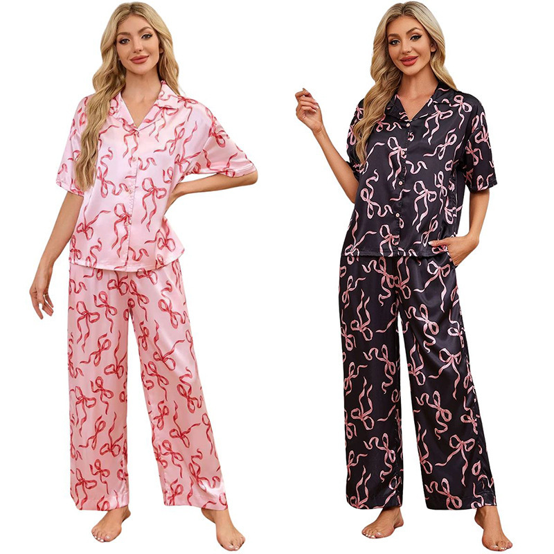 Amazon Cross-Border Light Luxury Women's Pajamas Spring and Autumn Polyester Short-Sleeve Shirt and Long Pants Set Pod Custom-Made
