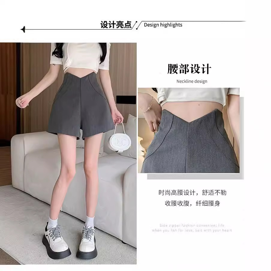 Design black suit shorts women's summer high waist V-shaped waist slimming versatile A- line outer wear wide leg casual pants