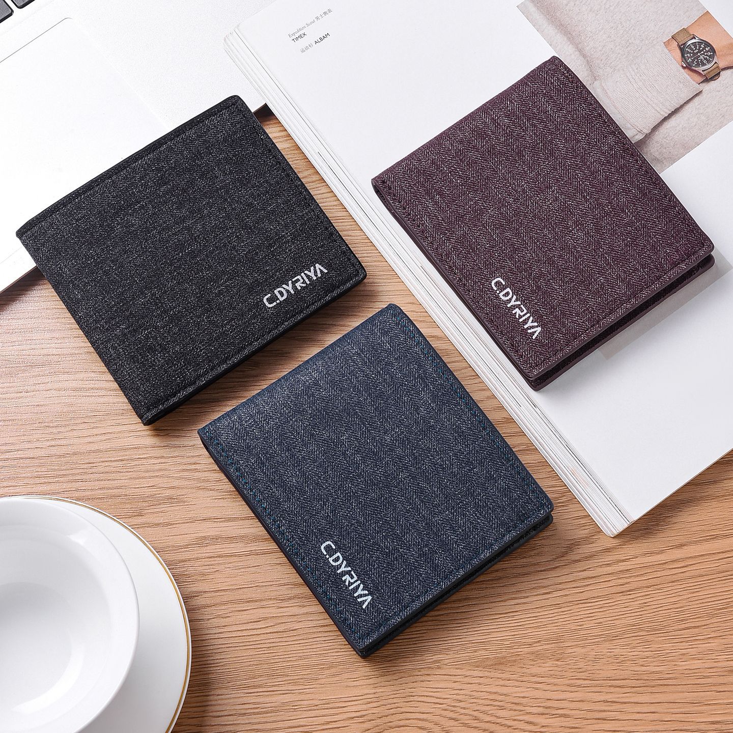 Men's short, ultra-thin, minimalist, multi-functional, and stylish canvas wallet; a trendy cardholder and leather wallet for young people and students