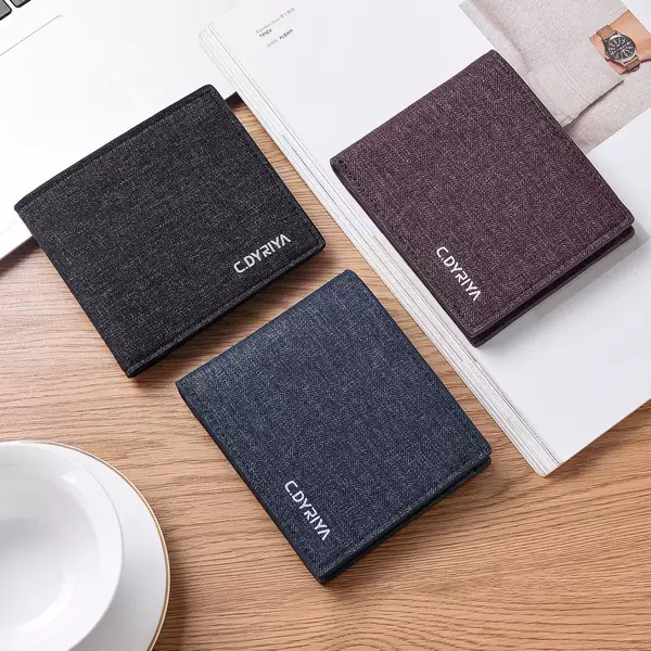 Men's short, ultra-thin, minimalist, multi-functional, and stylish canvas wallet; a trendy cardholder and leather wallet for young people and students
