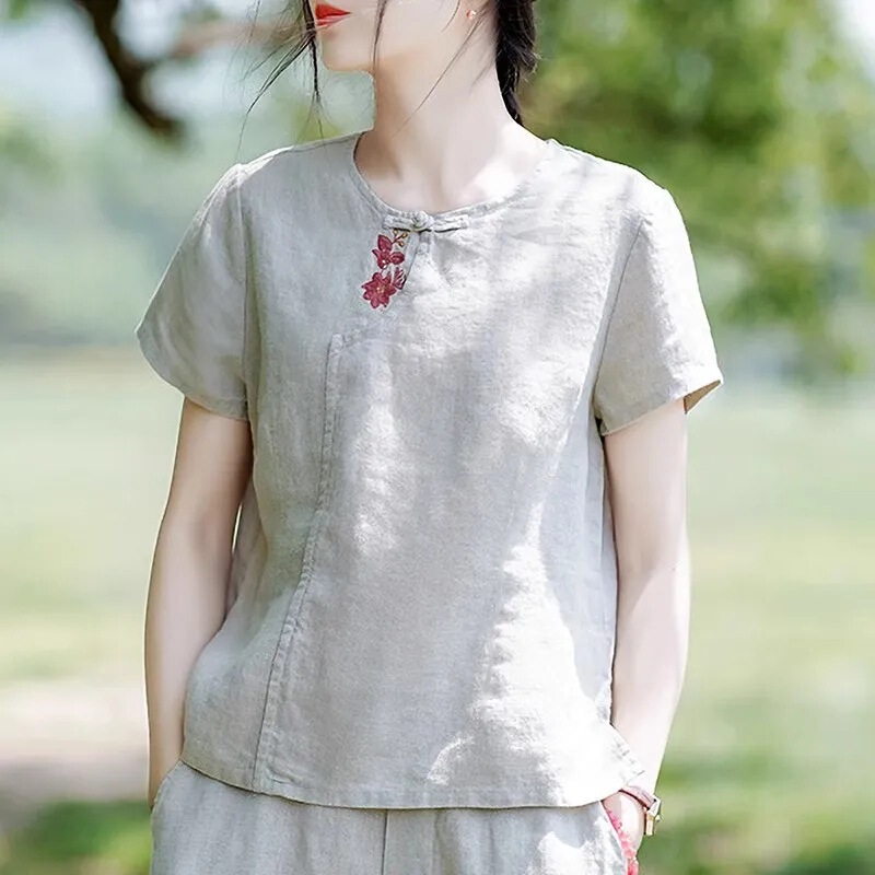 棉麻民族风新中式刺绣短袖t恤春夏季文艺女新款宽松休闲上衣小衫|undefined
