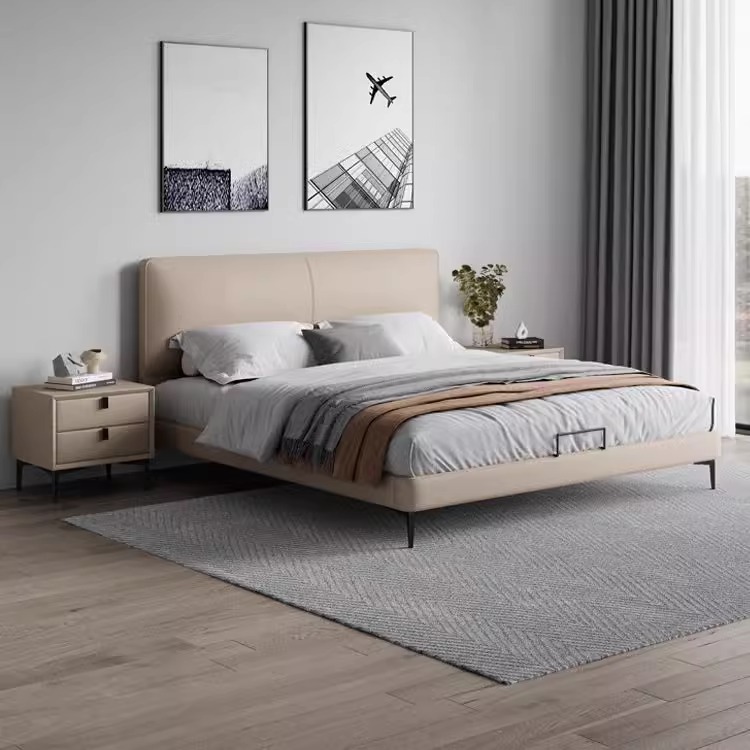 Cama de cuero de piel de vaca de primera capa de estilo italiano, apartamento pequeño moderno y simple, dormitorio de 1,8 metros, cama doble de lujo ligero, red roja image 3