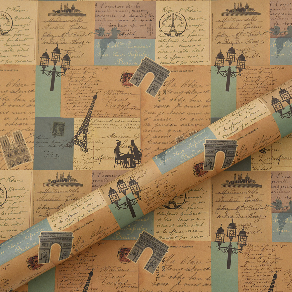 Papel de embalaje de papel Kraft engrosado directo de fábrica retro periódico inglés creativo Torre bicicleta impresión papel de embalaje image 11