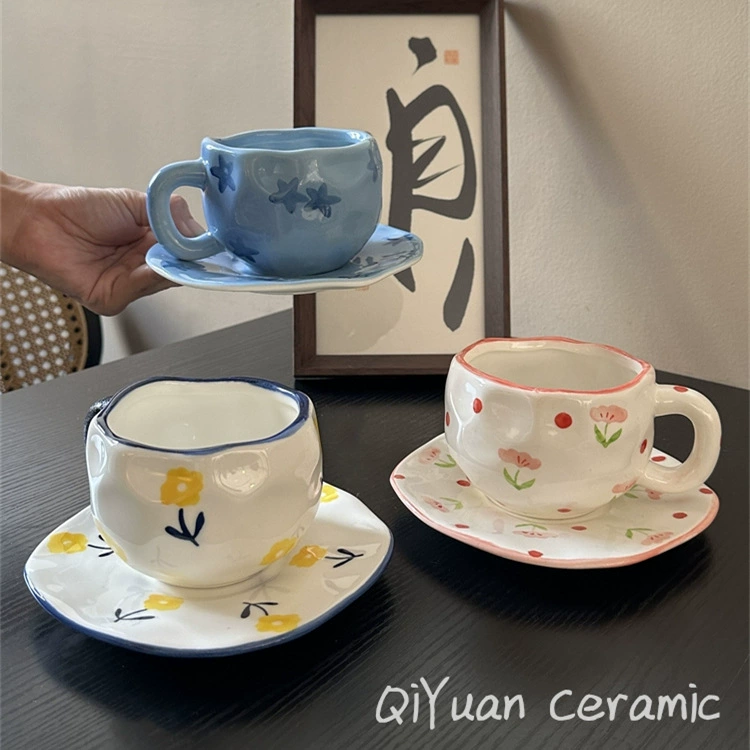 Ceramic coffee cup set INS Japanese retro, hand-painted irregular saucer, vintage style
