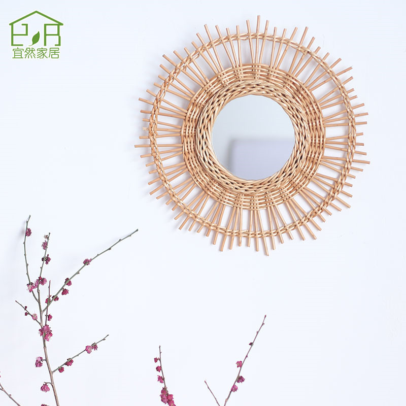 Espejo decorativo de trenzado de sauce transfronterizo de estilo nórdico redondo de pared de espejo decorativo de pared de baño de vivienda espejo decorativo de maquillaje