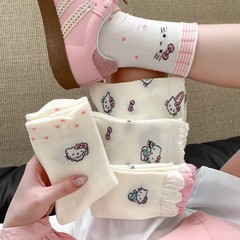 春夏の薄いバブルレースミッドカーフソックス、かわいい漫画KT猫、ファッショナブルで多用途、年齢を軽減するルーズソックス、パイルソックス