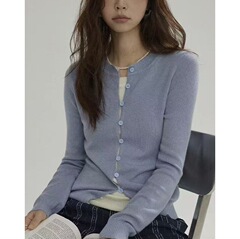 Joli Choos蓝色圆领假两件设计感针织毛衣女秋季修身显瘦小众上衣