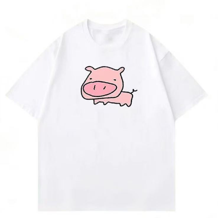 Milk Silk Cartoon Pig Print Trendy Brand Short-Sleeve Loose T-Shirt for Men and Women, Summer Casual Versatile Student Top