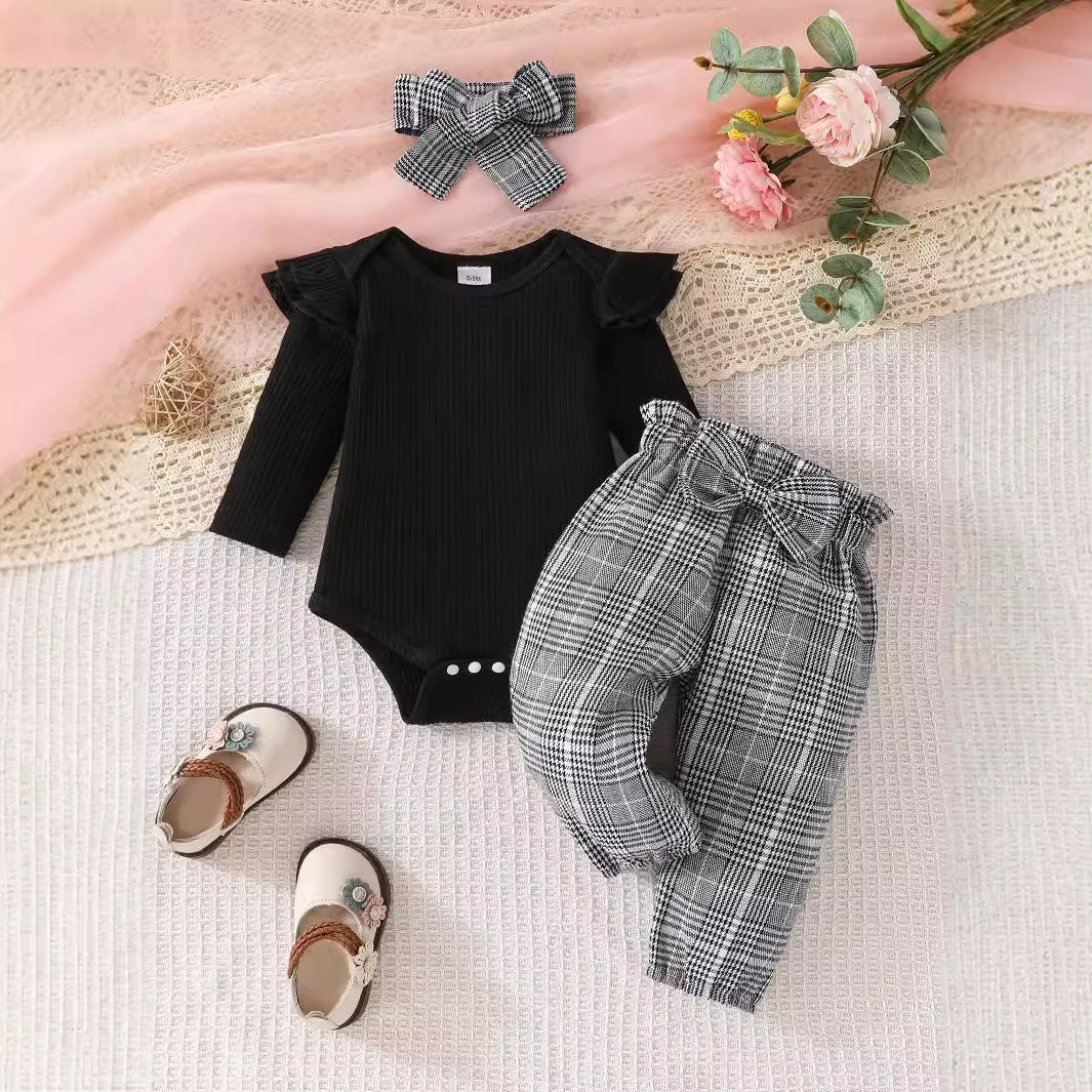 亚马逊爆款  两层飞袖长袖哈衣配格子蝴蝶结长裤配头巾三件套