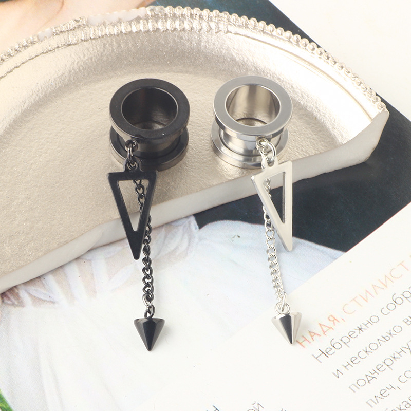 Triangular Chain Pendant Ear Auger Piercing Earrings - 316L Surgical Steel Black 25mm detail image 9