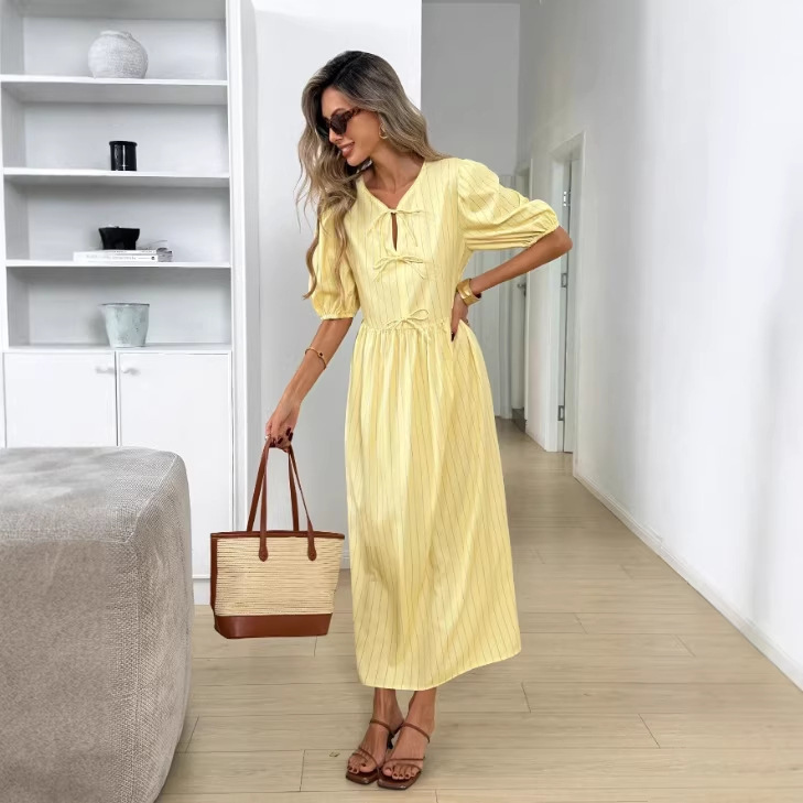 European and American foreign trade independent website: Summer elegant formal slim-fit waist-cinching mid-length dress with bow detail, casual style