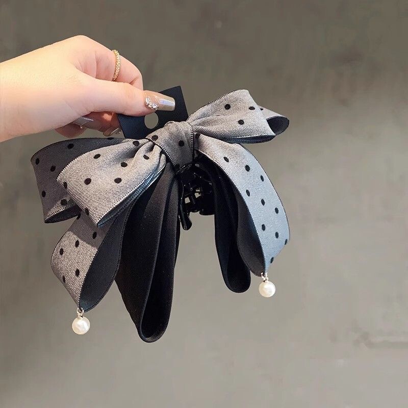 New Korean Style Gray Polka Dot Bow Hairpin, High-End and Elegant Ponytail Hair Accessory, Hairpin Headgear That Shows Hair Volume