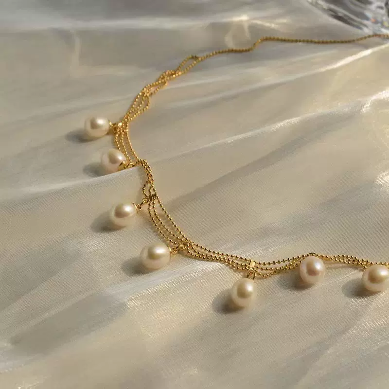 多珠款珍珠项链真金电镀高保色豆豆蕾丝诸暨天然珍珠