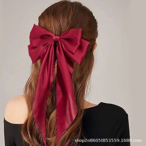 Bow hairpin long streamer large retro wine red Internet celebrity back head top clip Japanese black student accessories pure