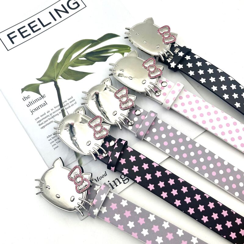 2025 New Five-Star Polar Dot Series Belt KT Cat Head Powder Diamond Buckle Belt for Women Y2K Jeans Skirt Accessories