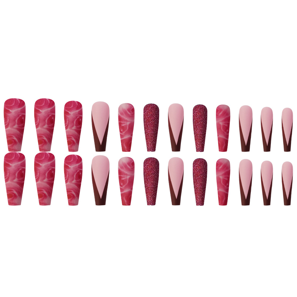 Uñas postizas retro color rojo vino con brillo, estilo Y2K, dulce y moderno, manicura francesa que realza el blanco, 24 piezas, pegatinas para uñas, lote mixto image 6