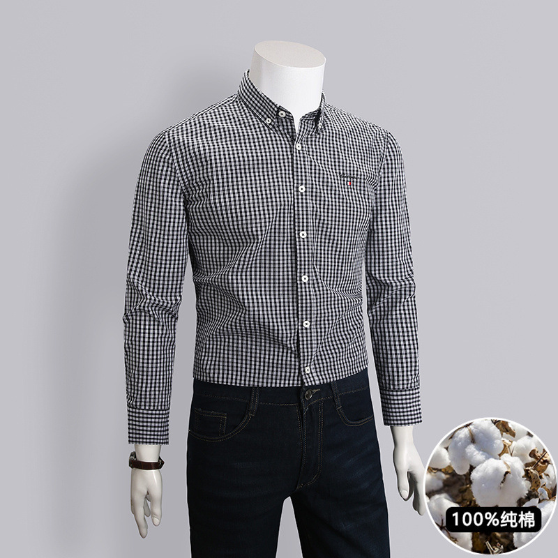 Branded Pure Cotton Long-Sleeved Shirts for Middle-Aged Men, Dad's Small Checkered Lapel Shirts, Business Casual Tops, Men's Clothing