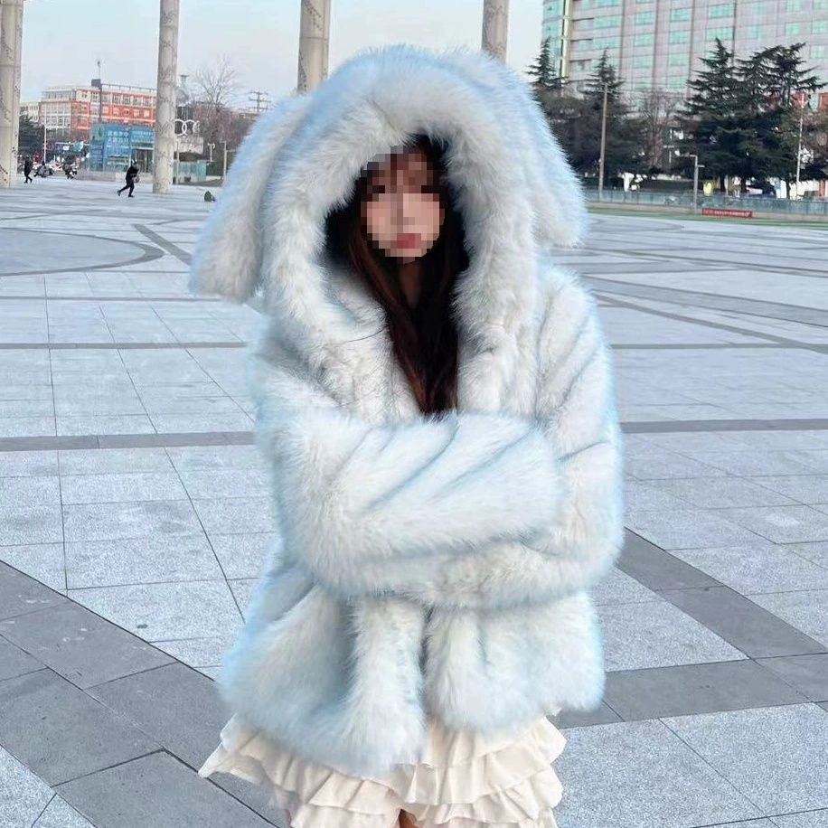 Осенние и зимние новые норковые меховые кроличьи уши имитация мехового пальто женский с капюшоном маленький человек толстый милый плюшевый пальто прилив