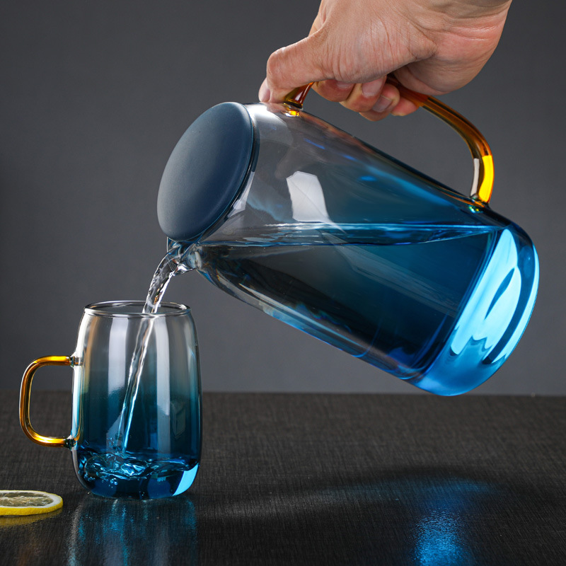 Botella de agua fría vidrio de borosilicato taza de agua hogar olla de mármol de estilo europeo gradiente de color azul mango de gran diámetro botella de agua fría