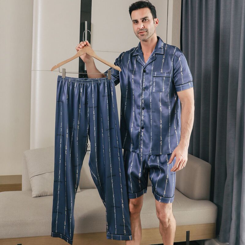 Cross-border Amazon Men's Pajamas Summer Thin Short-sleeved Shorts Long 3-piece suit Casual Cardigan Home Clothes