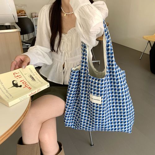 28161 Korean style refreshing lake blue vest bag fashionable plaid woven portable shoulder bag student class bag